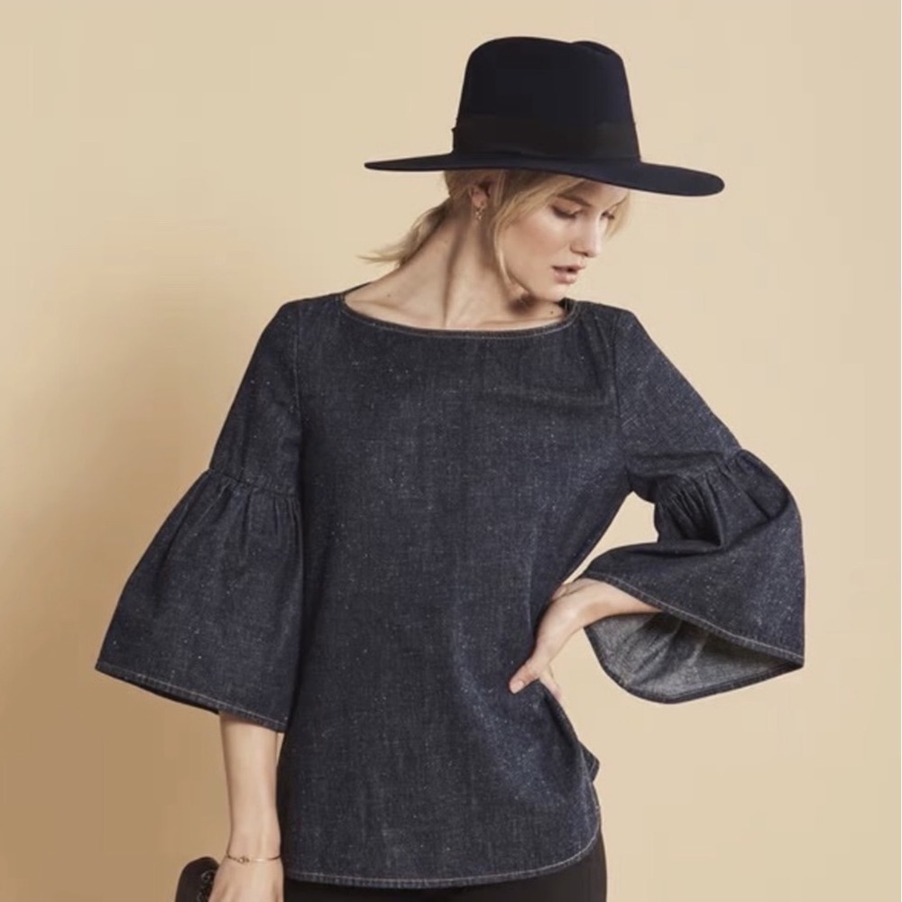 Suno Bell Sleeve Denim Top Womens Size 4 Indigo Blue Boatneck Boho Chic